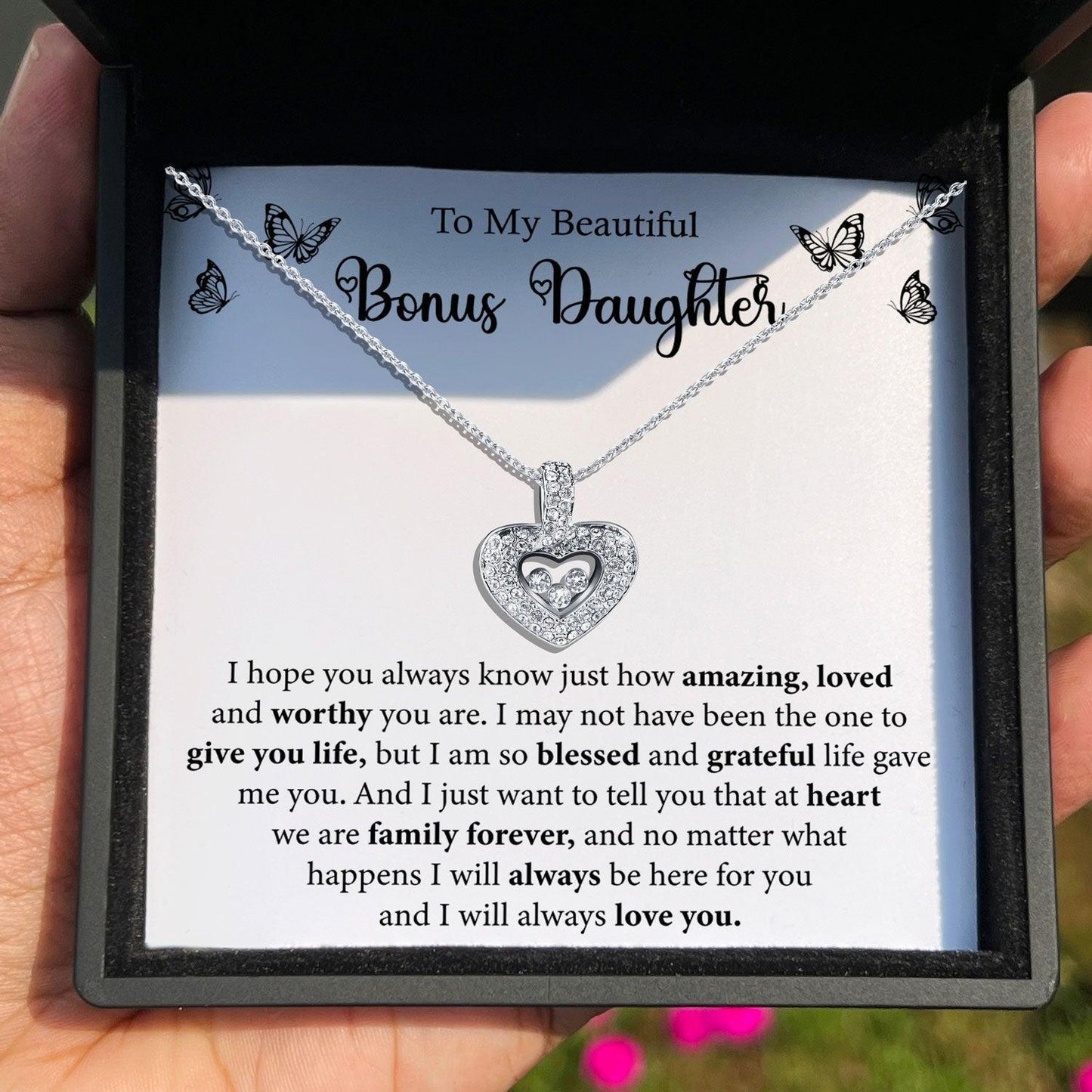 AllGifting, Floating Heart Necklace, Bonus Daughter Gift Sterling Silver Heart Pendant Jewelry, Card1