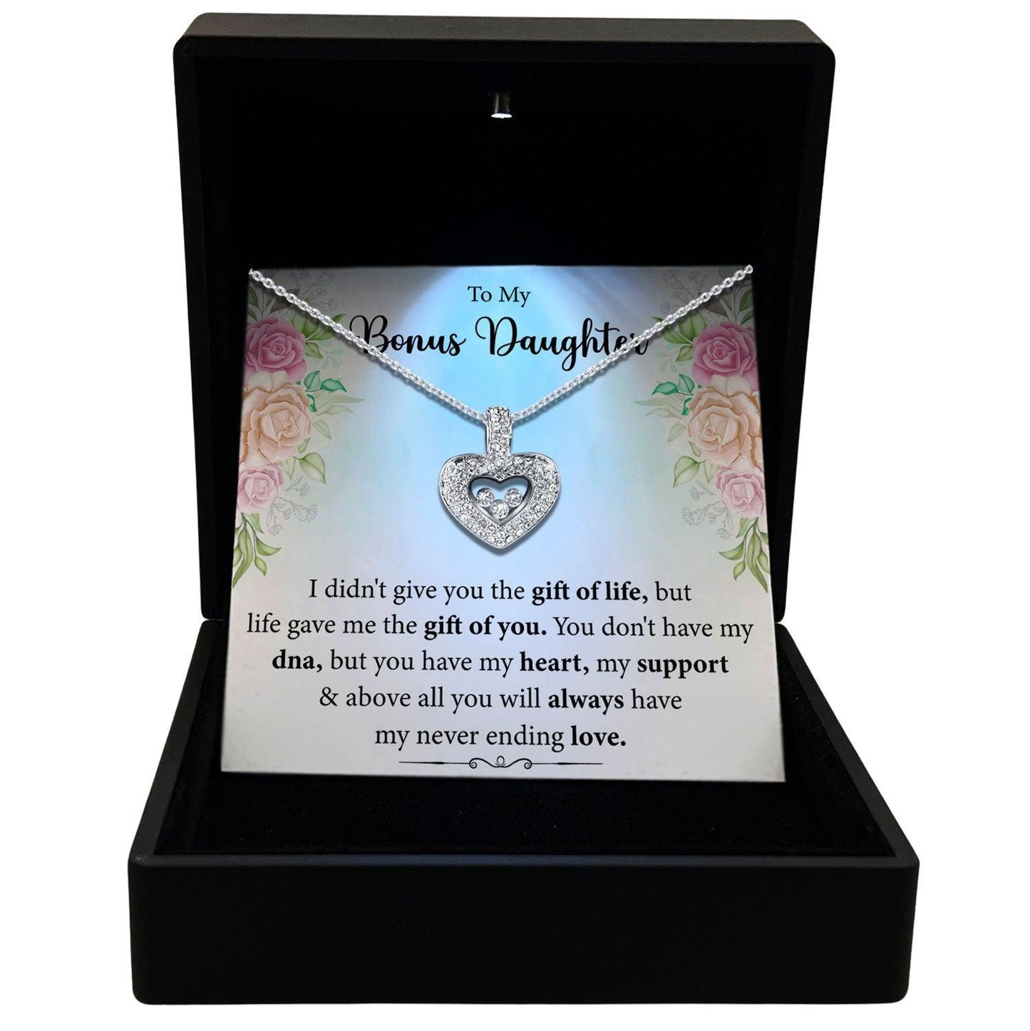 Women's Necklace, Floating Heart, Bonus Daughter Gift Sterling Silver Heart Pendant Jewelry, Card3