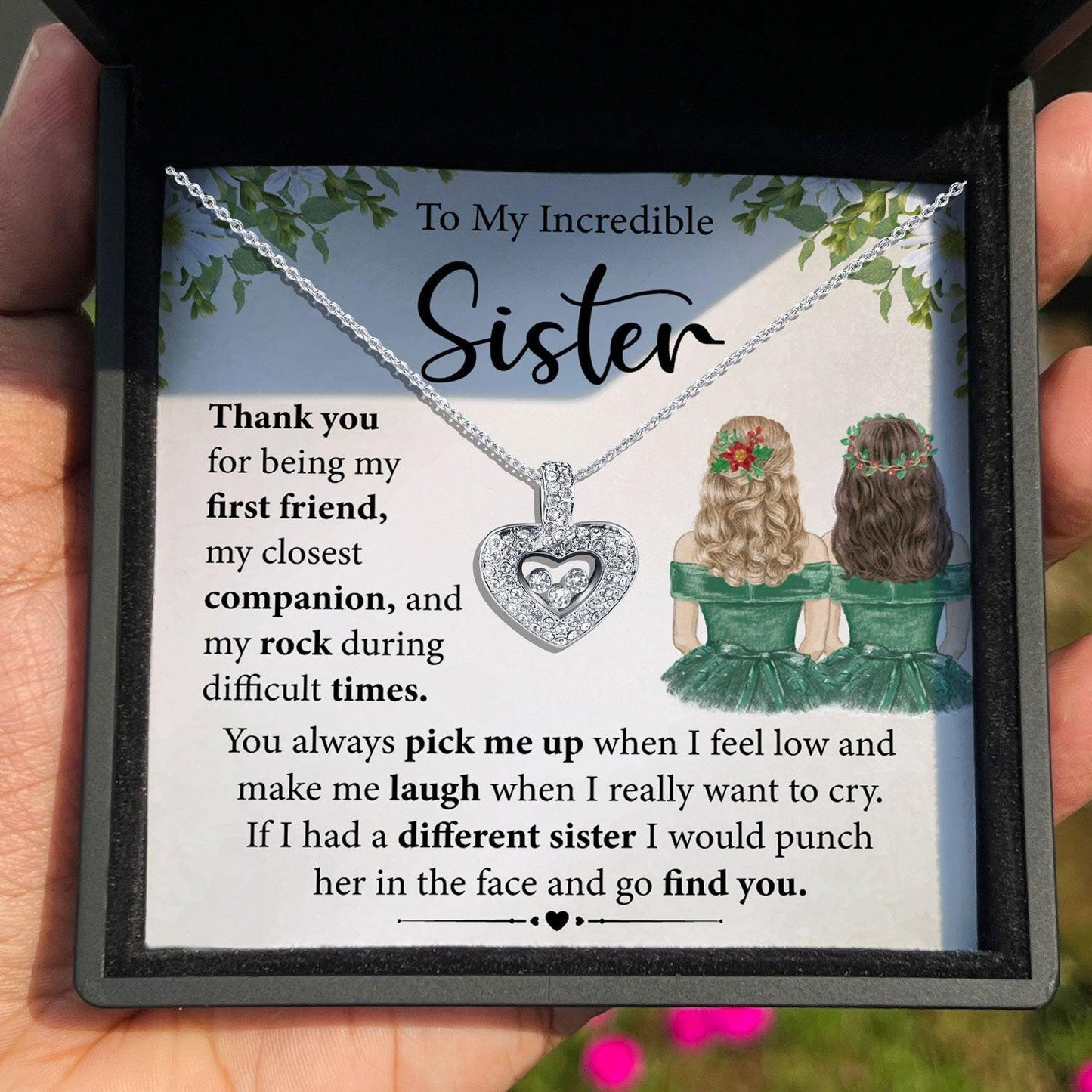 AllGifting, Floating Heart Necklace, Sister Gift Sterling Silver Heart Pendant Jewelry, Card1