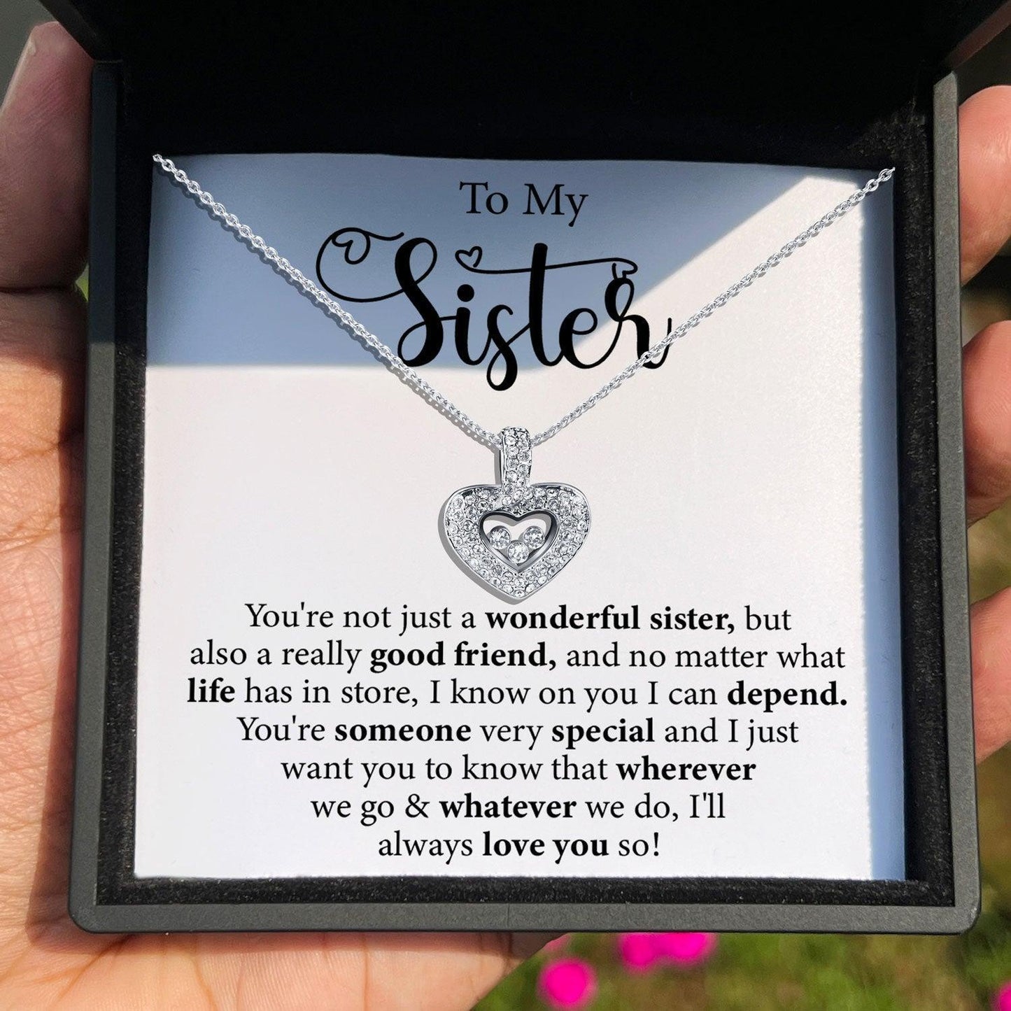 AllGifting, Floating Heart Necklace, Sister Gift Sterling Silver Heart Pendant Jewelry, Card4