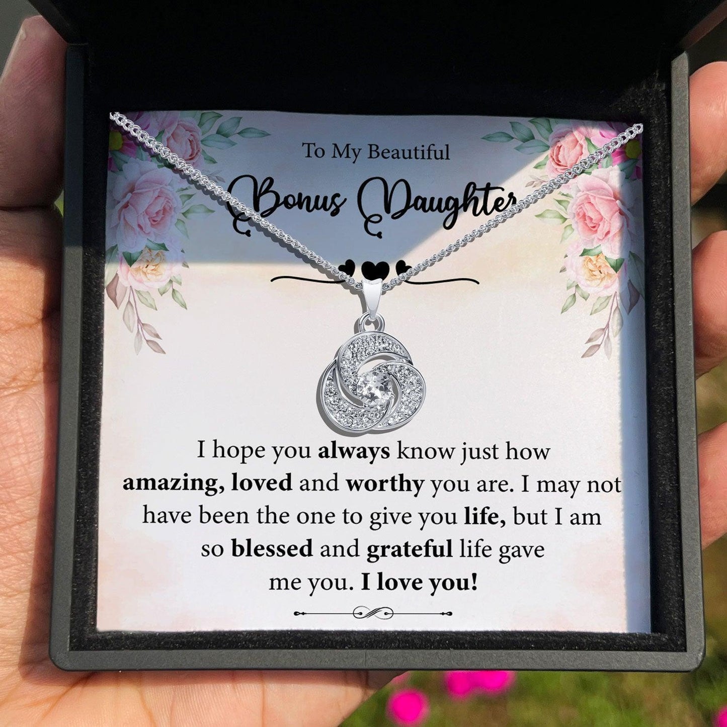 AllGifting, Love Knot Necklace For Women, Bonus Daughter Gift Gold Plated Love Knot Jewelry, Card1