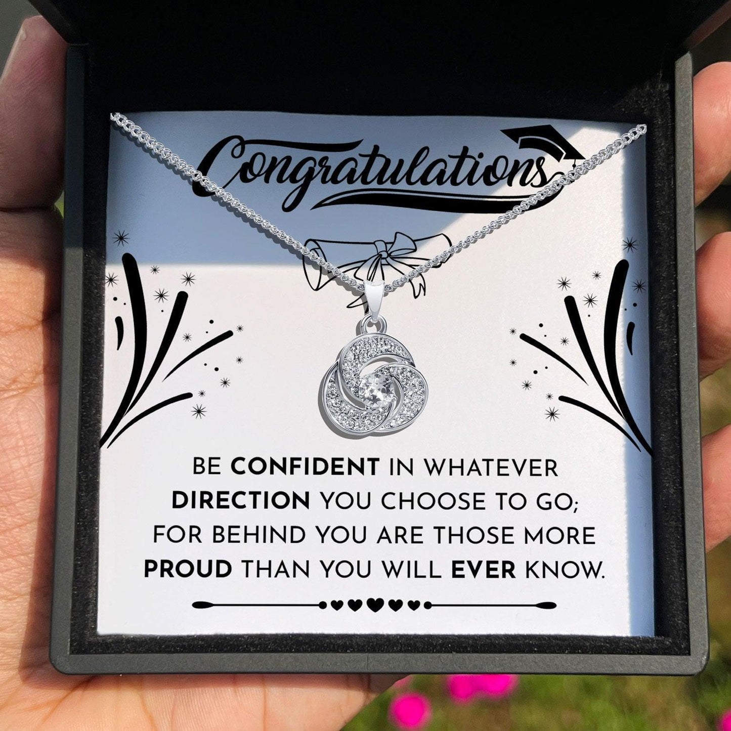 AllGifting, Love Knot Necklace For Women, Graduation Gift Gold Plated Love Knot Jewelry, Card1