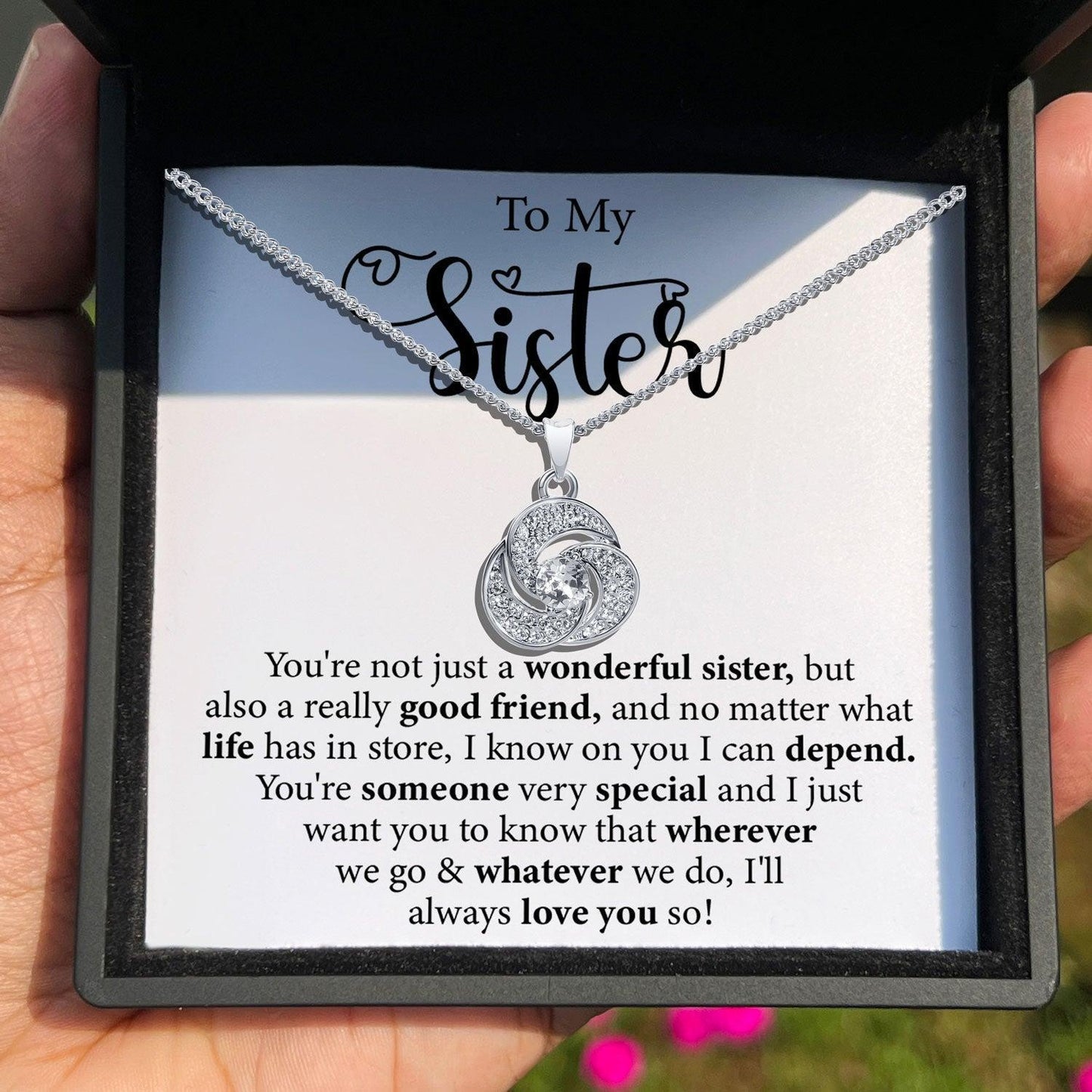 AllGifting, Love Knot Necklace For Women, Sister Gift Gold Plated Love Knot Jewelry, Card7